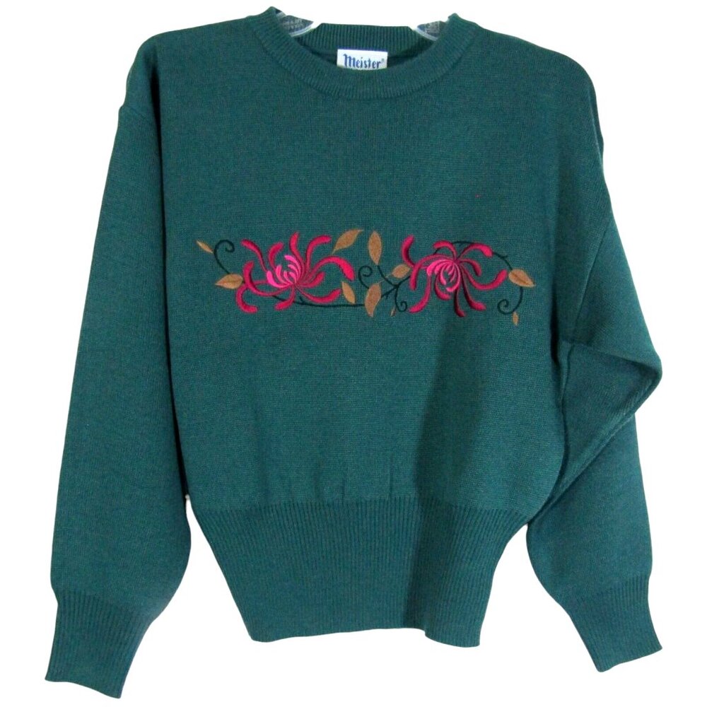 Vintage Meister Ski Sweater Size S Teal Green Wool Blend 80s Floral Embroidered